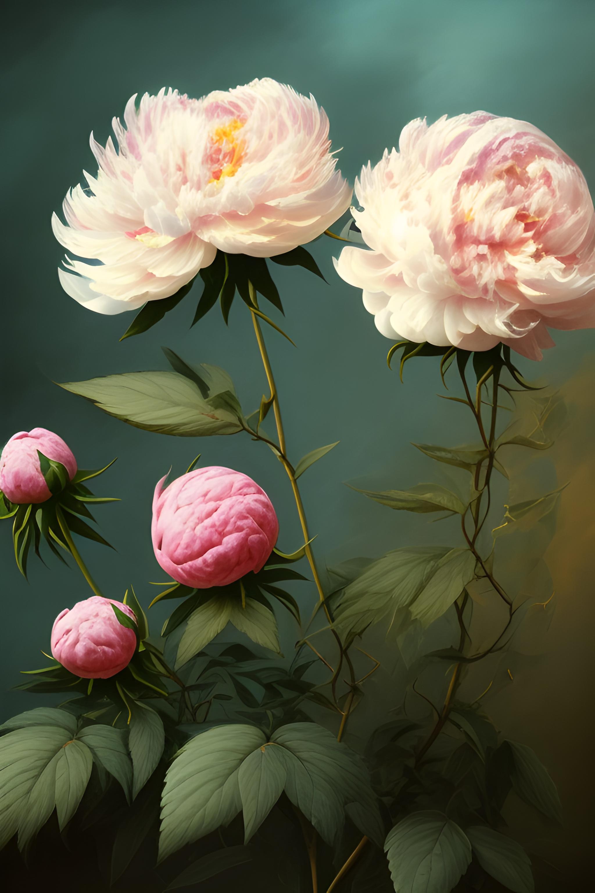 masterpiece oil painting, three creamy white peonies with delicate pink undertones, deep crimson stamens, unopened rose buds, lush dark green foliage, thick impasto brushstrokes, visible paint layers, moody atmospheric background in muted teal and warm sepia tones, soft low-key lighting, dark vignette, subtle vertical paint drips, classical European floral still life, vintage romantic mood, textured canvas, timeless beauty, high detail